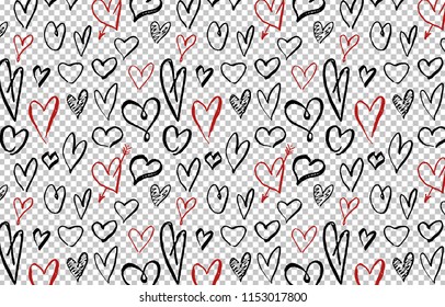 Abstract background with hearts. Hand draw, black and red hearts isolated on transparent background. Valentine's Day. Prints for clothes, wrapping paper, wallpaper. Vector illustration.