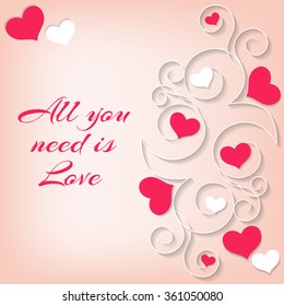 Abstract background with hearts and ornament. For Valentine's Day, weddings, dates. Can be used as greeting cards, placards, banners.