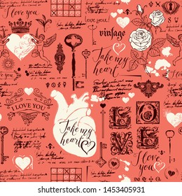 Abstract background with hearts, roses, keys, keyholes, cupids and handwritten inscriptions on red backdrop. Vector seamless pattern on the theme of love and Valentine day in retro style