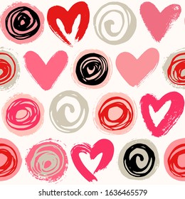 Abstract background with hearts. Seamless vector pattern with brush strokes hearts and circles.