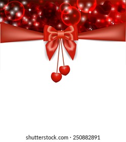 Abstract background with hearts, silk red ribbon, bow