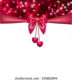 Abstract background with hearts, silk red ribbon, bow