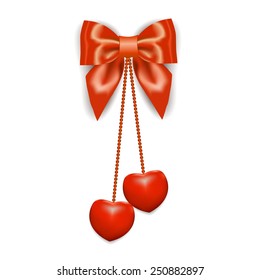 Abstract background with hearts, silk red ribbon, bow