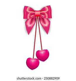 Abstract background with hearts, silk red ribbon, bow