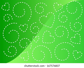 Abstract background with hearts and spirals on green.