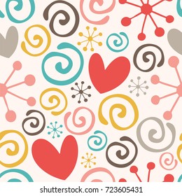 Abstract background with hearts and swirls. Seamless vector pattern.