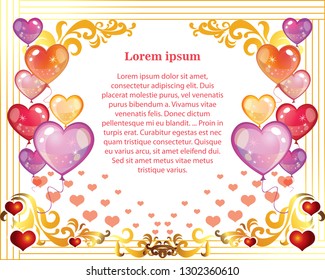 Abstract background with hearts. Vector illustration romantic frame. Valentines banner with colorful balloons in shape of hearts, golden frame and decorative golden ornament on white background. 