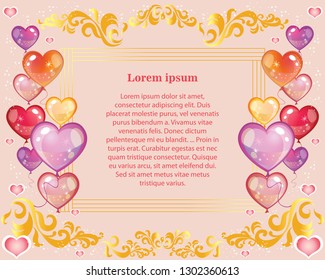 Abstract background with hearts. Vector illustration romantic frame. Valentines banner with colorful balloons in shape of hearts, golden frame and decorative golden ornament on pink background.