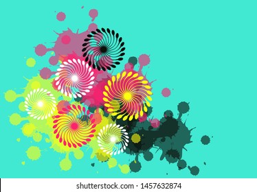 abstract background with helix flowers and ink splatters in pop blue yellow shades