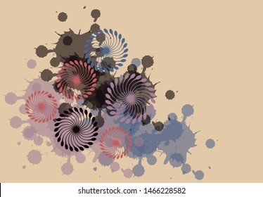 abstract background with helix flowers and ink splatters in retro shades