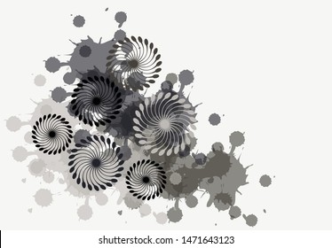 abstract background with helix flowers and ink splatters in silver shades