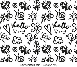 Abstract background, hello spring, with hand draw elements. Children's drawing, sketch. Vector EPS10
