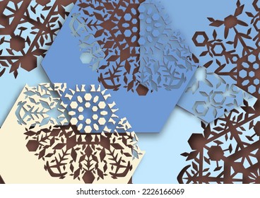Abstract background, hexagon paper cut, Snowflake pattern, overlap vector illustration. or flyers, posters, prints, decorations, cards, and graphics.