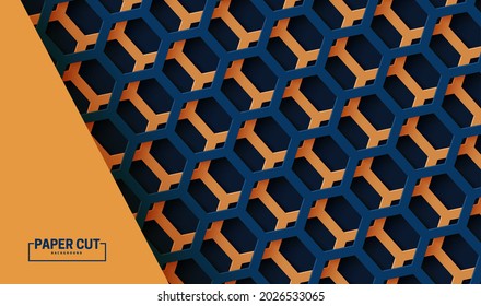 Abstract background with hexagon pattern in paper cut style. 3d realistic vector backdrop with cut out mosaic blue and orange shapes. Origami wallpaper layered deep elements for your design.