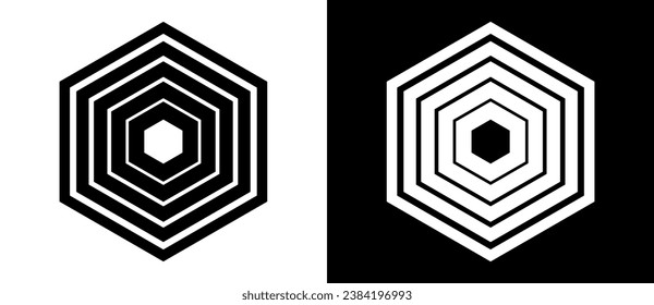 Fondo abstracto con hexágonos. Logo o icono de diseño de líneas de arte. Una figura negra en un fondo blanco y una figura igualmente blanca en el lado negro.