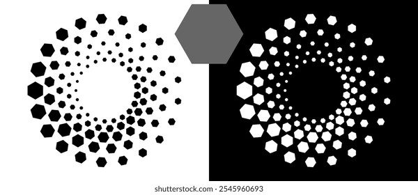 Abstract background with hexagons in circle. Art design spiral as logo or icon. A black figure on a white background and an equally white figure on the black side.