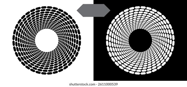 Abstract background with hexagons in circle. Art design spiral as logo or icon. A black figure on a white background and an equally white figure on the black side.