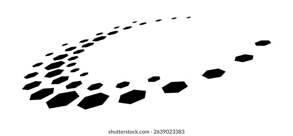 Abstract background with hexagons in circle. Art design spiral as logo or icon. A black figure on a white background. Perspective view with distortion.