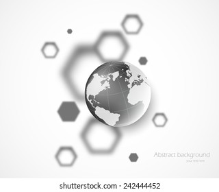 Abstract background with hexagons and globe in gray colors