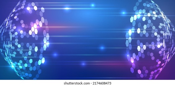 Abstract background of hexagons and glowing lines. Hi-tech computer digital technology concept.
