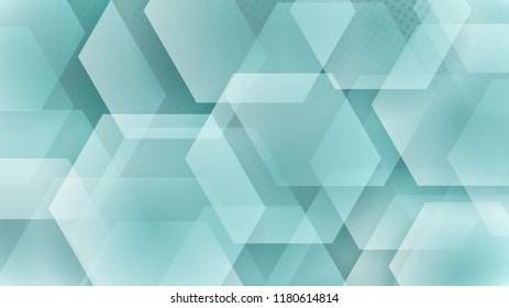 Abstract background of hexagons and halftone dots in white and turquoise colors