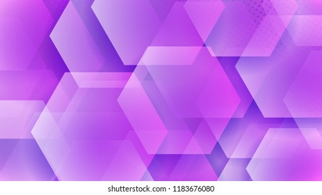 Abstract background of hexagons and halftone dots in purple colors