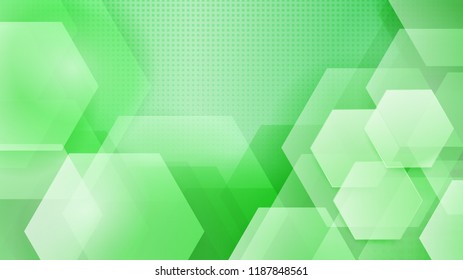 Abstract background of hexagons and halftone dots in green colors