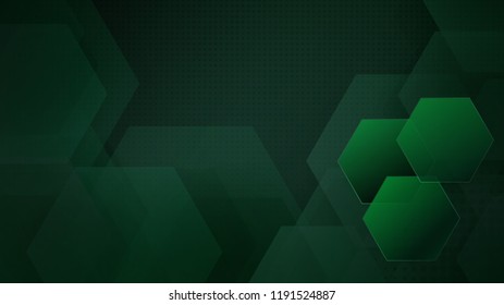 Abstract background of hexagons and halftone dots in dark green colors