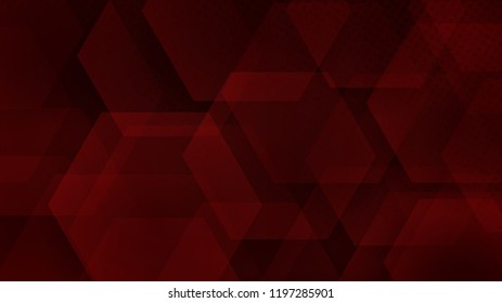 Abstract background of hexagons and halftone dots in dark red colors