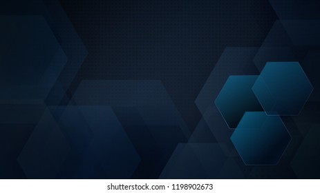 Abstract background of hexagons and halftone dots in dark blue colors