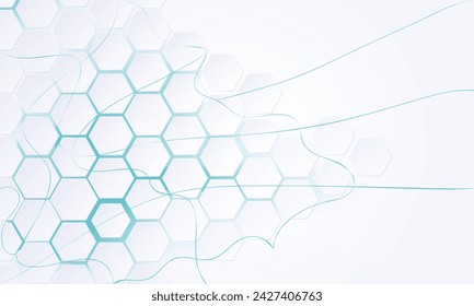 Abstract background of hexagons on white background, turquoise light and shadow. Abstract wavy lines.