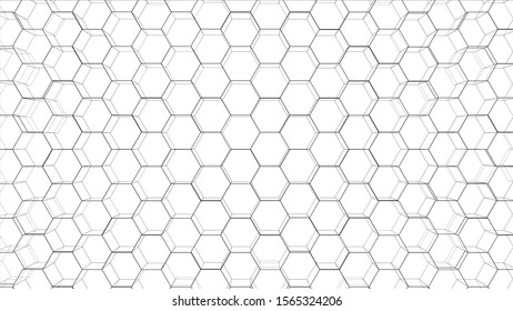 Abstract background of hexagons outline. Vector rendering of 3d. Wire-frame style. The layers of visible and invisible lines are separated