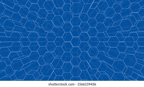 Abstract background of hexagons outline. Vector rendering of 3d. Wire-frame style. The layers of visible and invisible lines are separated