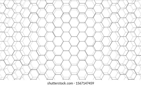 Abstract background of hexagons outline. Vector rendering of 3d. Wire-frame style. The layers of visible and invisible lines are separated