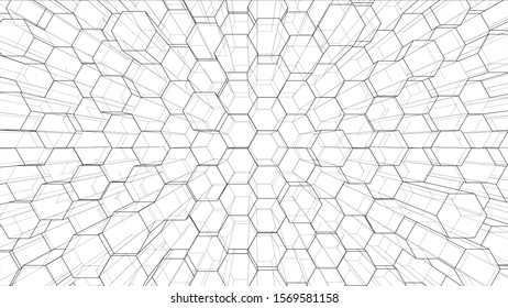 Abstract background of hexagons outline. Vector rendering of 3d. Wire-frame style. The layers of visible and invisible lines are separated