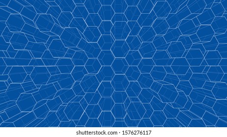Abstract background of hexagons outline. Vector rendering of 3d. Wire-frame style. The layers of visible and invisible lines are separated