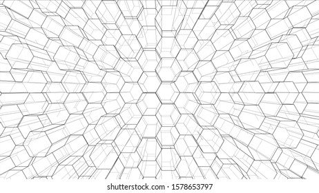 Abstract background of hexagons outline. Vector rendering of 3d. Wire-frame style. The layers of visible and invisible lines are separated