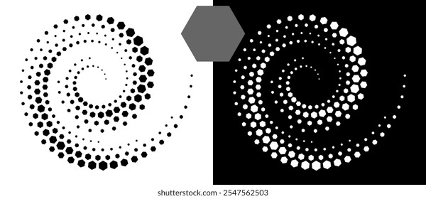 Resumo com hexágonos em espiral. Espiral de design de arte como logotipo ou ícone. Uma figura preta sobre um fundo branco e uma figura igualmente branca no lado preto.