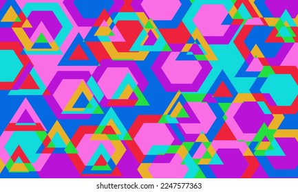 abstract background of hexagons, triangles, colorful. Suitable to be placed in content with a funny theme. Design template illustration