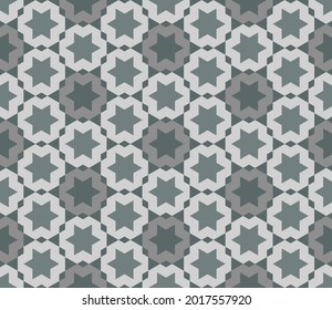 Hexagrama de fondo abstracto, gris verdoso. Organizado en una línea de cuadrícula. Patrón de forma hexagonal zigzag sin fisuras. Diseño textil, de baldosas, cubiertas, afiches, pancartas, paredes. Ilustración vectorial.