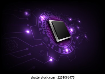 abstract background hi tech 3d microchip perspective Tech circle with isometric angle The point of light illuminates the circuit below with cog and elements on purple gradient background