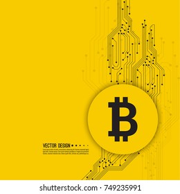 Abstract background with high tech circuit board texture. Vector illustration of  bitcoin digital cryptocurrency virtual money.  