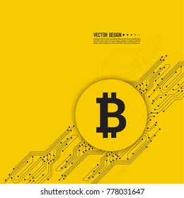 Abstract background with high tech circuit board texture. Vector illustration of  bitcoin digital cryptocurrency virtual money.  