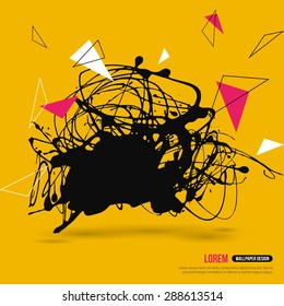 Abstract Background with Hipster Geometric Shapes and Ink Splatter, Black Paint Drop. Vector Illustration. Creative Book Cover or Brochure Design.