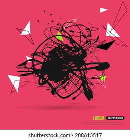 Abstract Background with Hipster Geometric Shapes and Ink Splatter, Black Paint Drop. Vector Illustration. Creative Book Cover or Brochure Design.