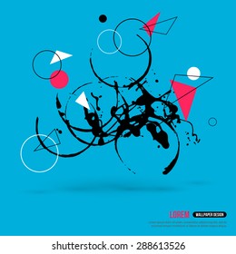 Abstract Background with Hipster Geometric Shapes and Ink Splatter, Black Paint Drop. Vector Illustration. Creative Book Cover or Brochure Design.