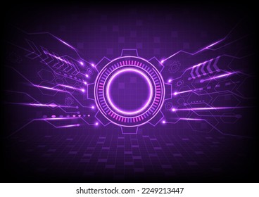 Abstract background hi-tech cog There is a glowing circle with a bright empty space in the center. Circuit pattern with glowing bright dots. Element , hexagon and grid on purple gradient backgroud