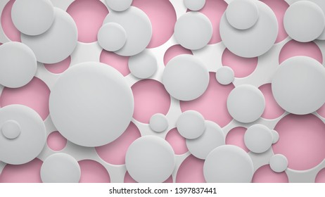 Abstract background of holes and circles with shadows in pink and white colors