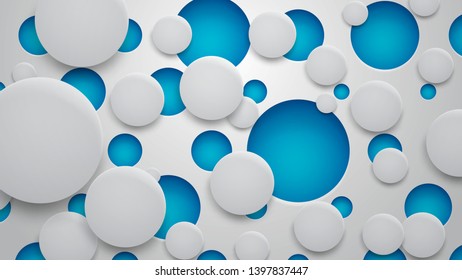 Abstract background of holes and circles with shadows in blue and white colors