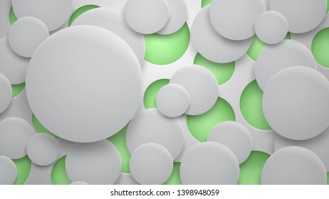 Abstract background of holes and circles with shadows in green and white colors